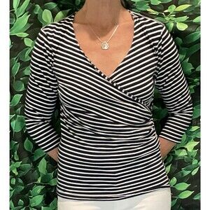 ⚓ Ann Taylor Nautical Striped Faux Wrap Top – V-Neck, 3/4 Sleeve – Size M